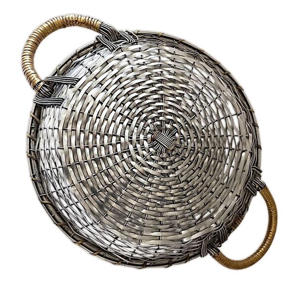 Vintage Metal Woven Basket French Provincial Style Aluminum Brass Large Handles - Picture 4 of 16